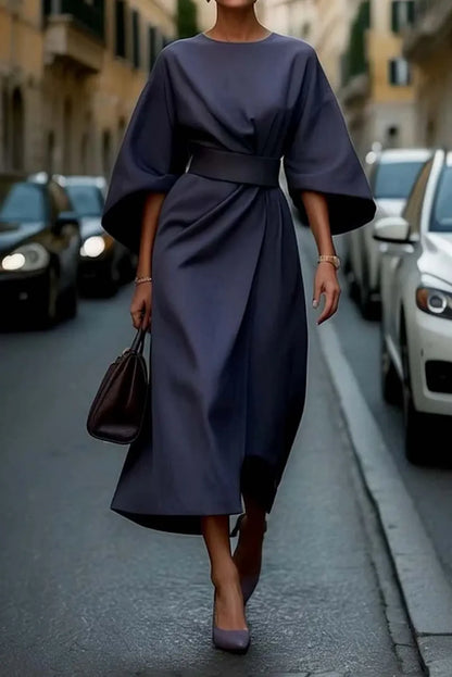 Women's Formal Long Sleeve Midi Wedding Guest Dress with Belt