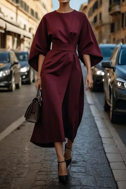 Women's Formal Long Sleeve Midi Wedding Guest Dress with Belt