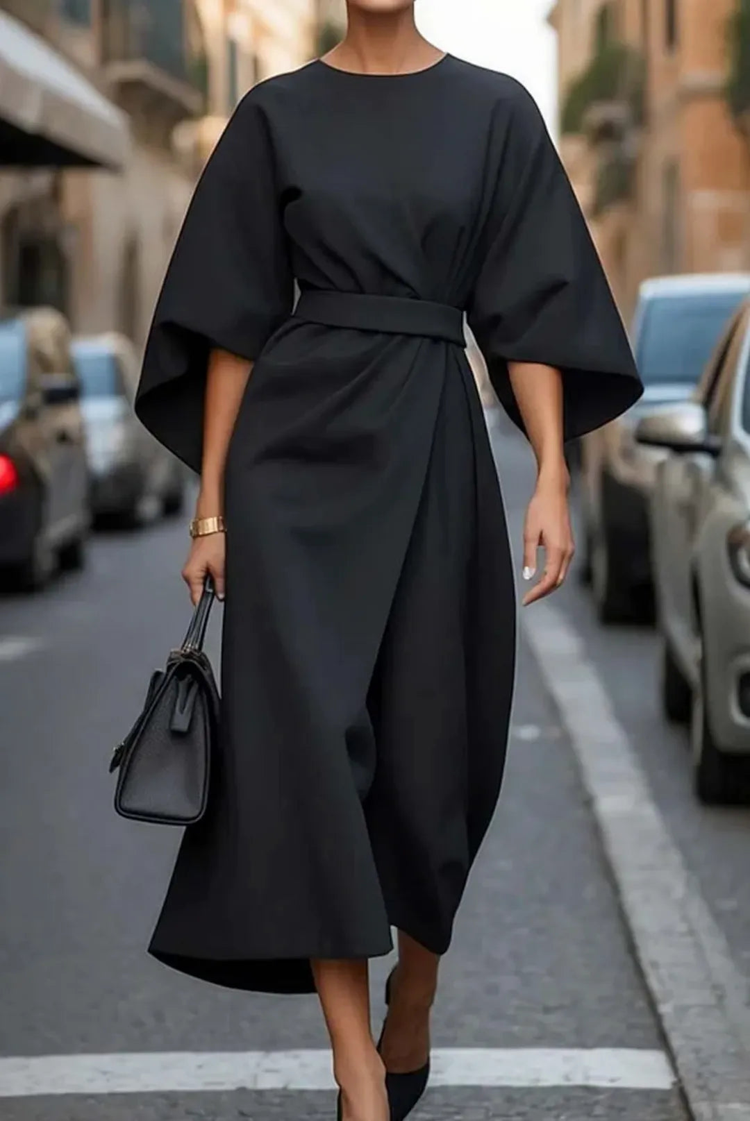 Women's Formal Long Sleeve Midi Wedding Guest Dress with Belt
