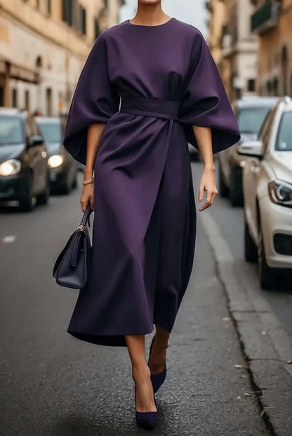 Women's Formal Long Sleeve Midi Wedding Guest Dress with Belt