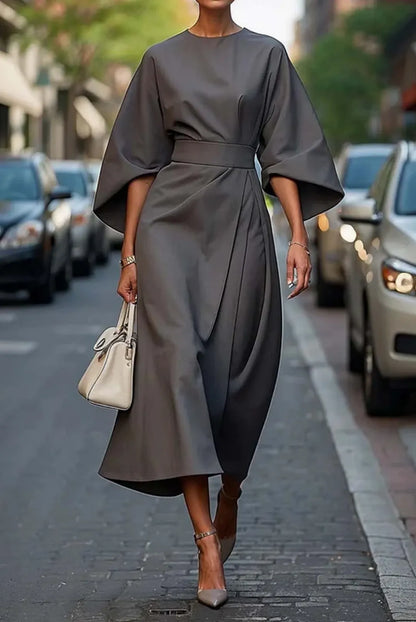 Women's Formal Long Sleeve Midi Wedding Guest Dress with Belt
