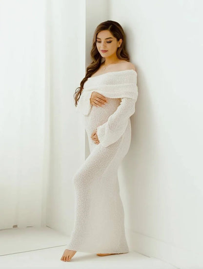 Women's Formal Maternity Maxi Wedding Guest Dress with Long Sleeve