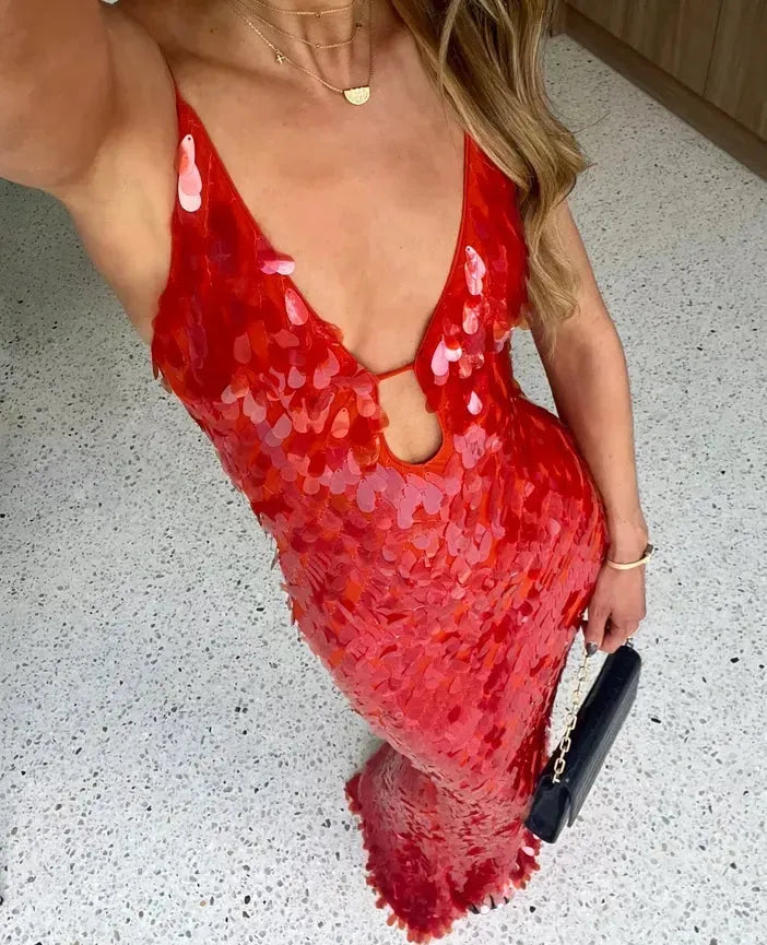 Women's Formal Sequin  Maxi Cocktail Dress with V-Neck