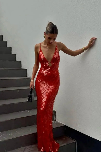 Women's Formal Sequin  Maxi Cocktail Dress with V-Neck