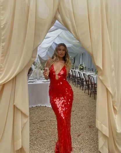 Women's Formal Sequin  Maxi Cocktail Dress with V-Neck