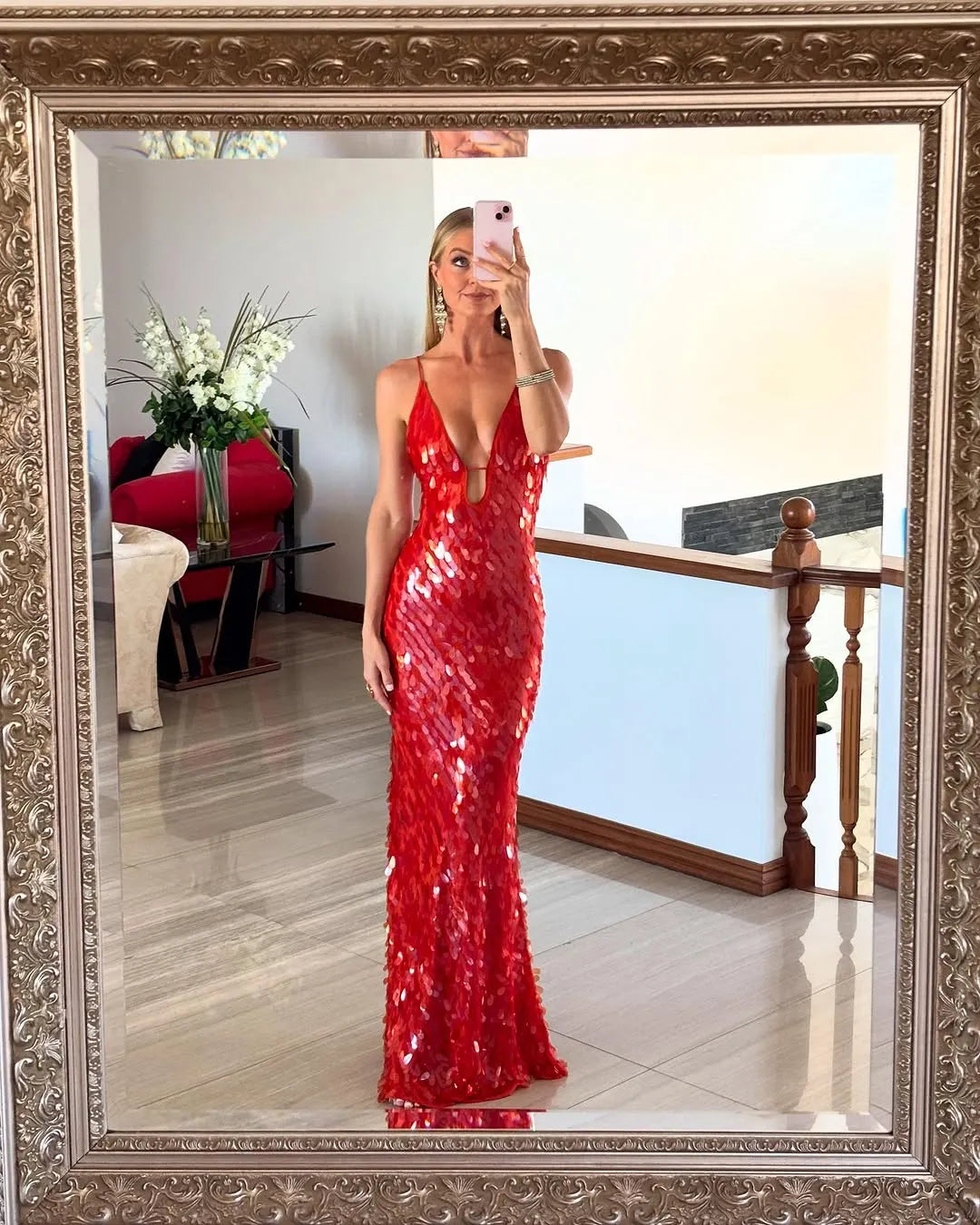 Women's Formal Sequin  Maxi Cocktail Dress with V-Neck