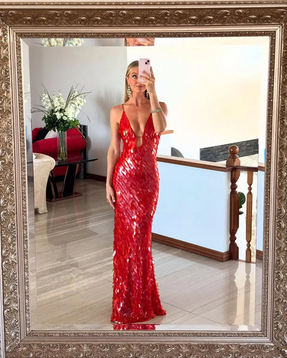 Women's Formal Sequin  Maxi Cocktail Dress with V-Neck