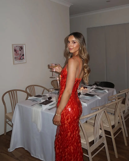 Women's Formal Sequin  Maxi Cocktail Dress with V-Neck