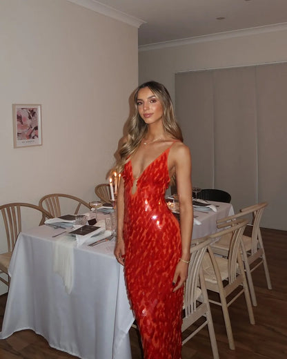 Women's Formal Sequin  Maxi Cocktail Dress with V-Neck