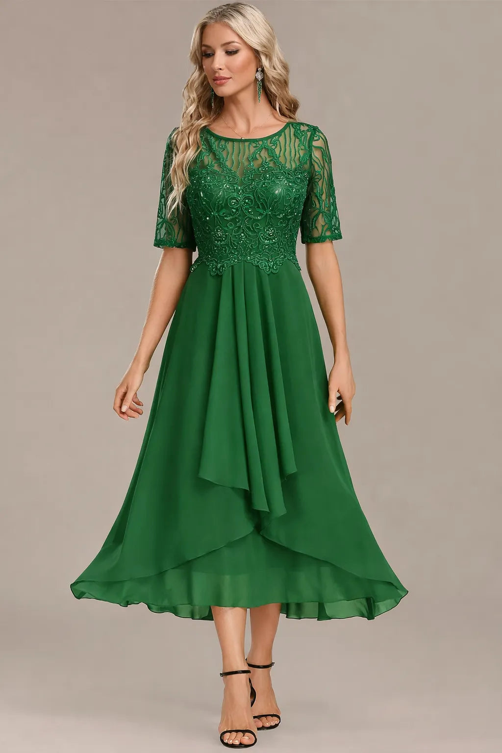 Women's Formal Sequin Midi Wedding Guest Dress with Short Sleeve