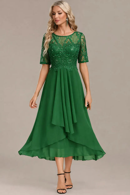 Women's Formal Sequin Midi Wedding Guest Dress with Short Sleeve