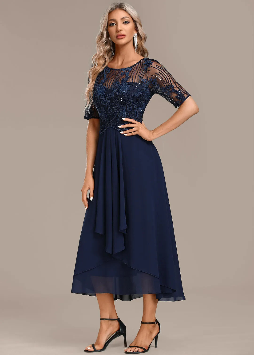 Women's Formal Sequin Midi Wedding Guest Dress with Short Sleeve