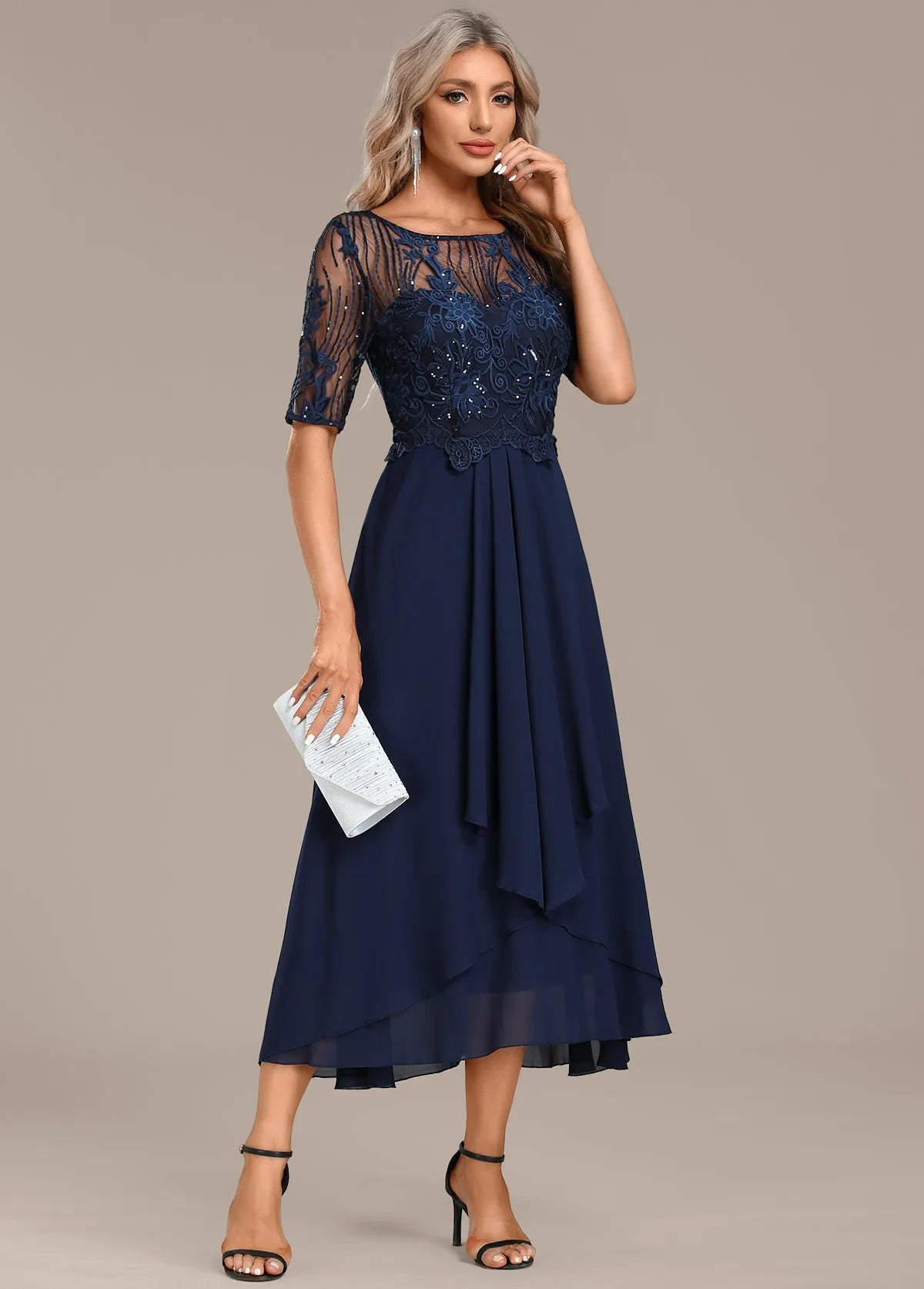 Women's Formal Sequin Midi Wedding Guest Dress with Short Sleeve