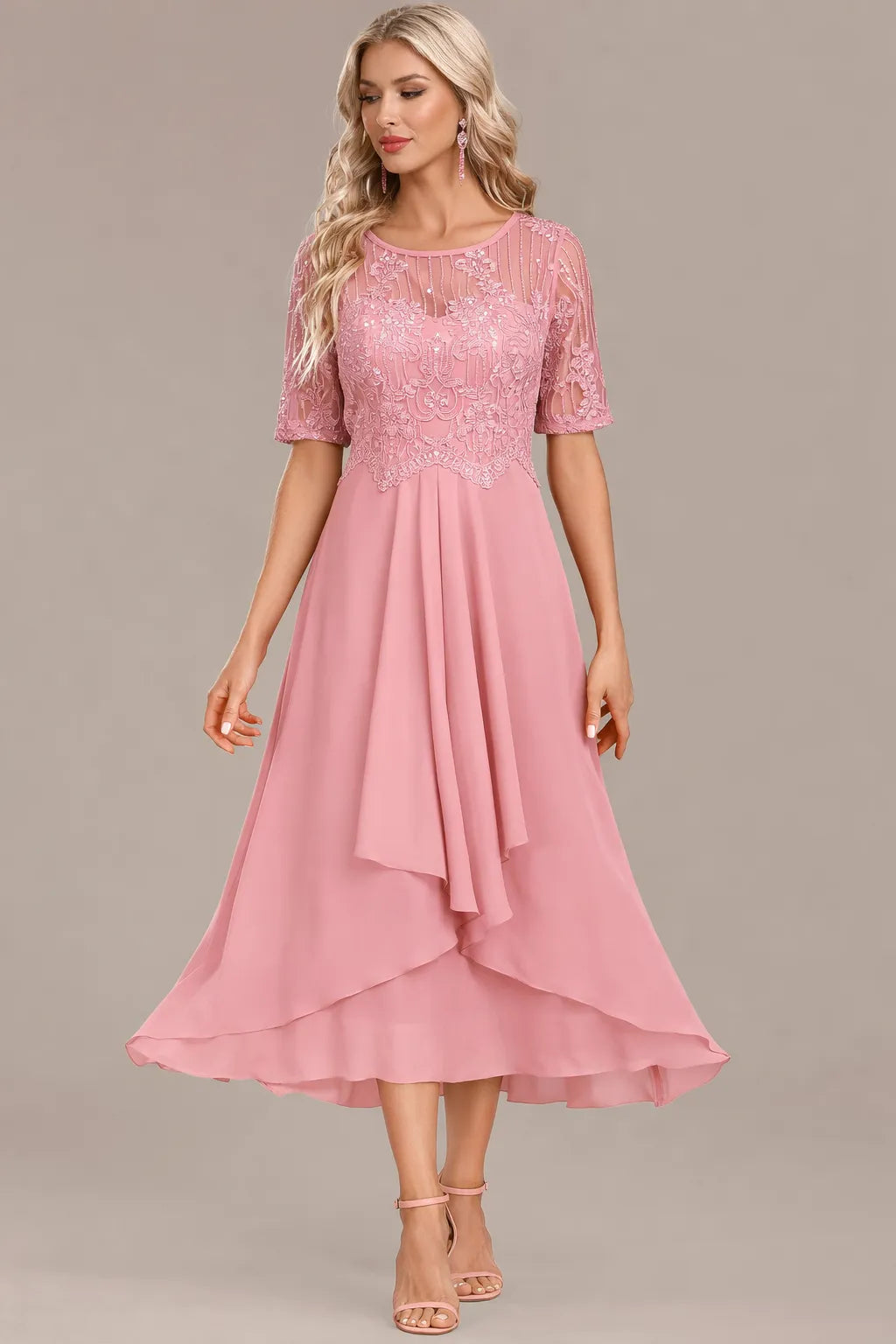 Women's Formal Sequin Midi Wedding Guest Dress with Short Sleeve