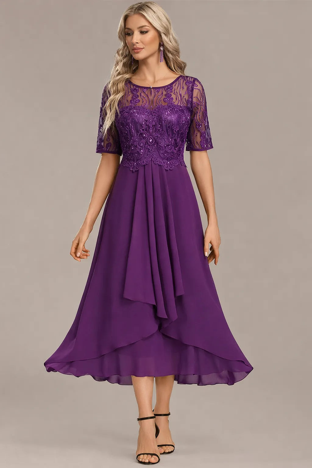 Women's Formal Sequin Midi Wedding Guest Dress with Short Sleeve