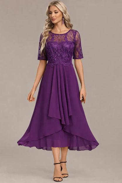 Women's Formal Sequin Midi Wedding Guest Dress with Short Sleeve