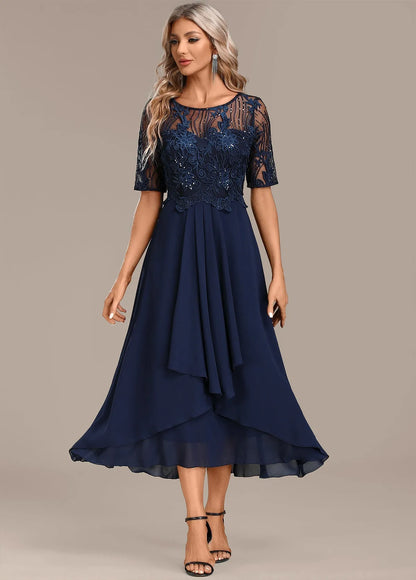 Women's Formal Sequin Midi Wedding Guest Dress with Short Sleeve