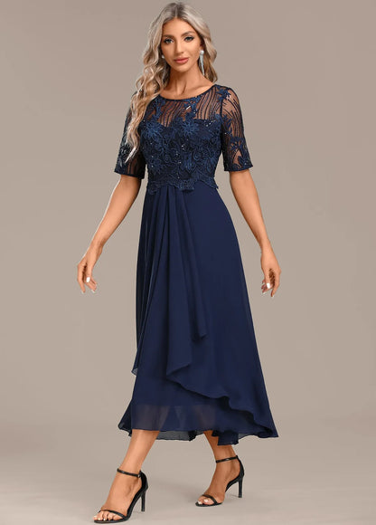 Women's Formal Sequin Midi Wedding Guest Dress with Short Sleeve