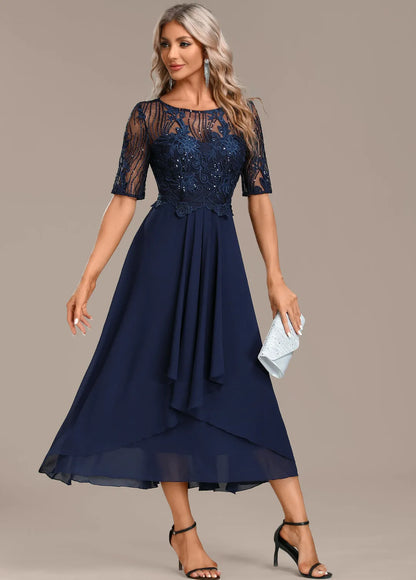 Women's Formal Sequin Midi Wedding Guest Dress with Short Sleeve