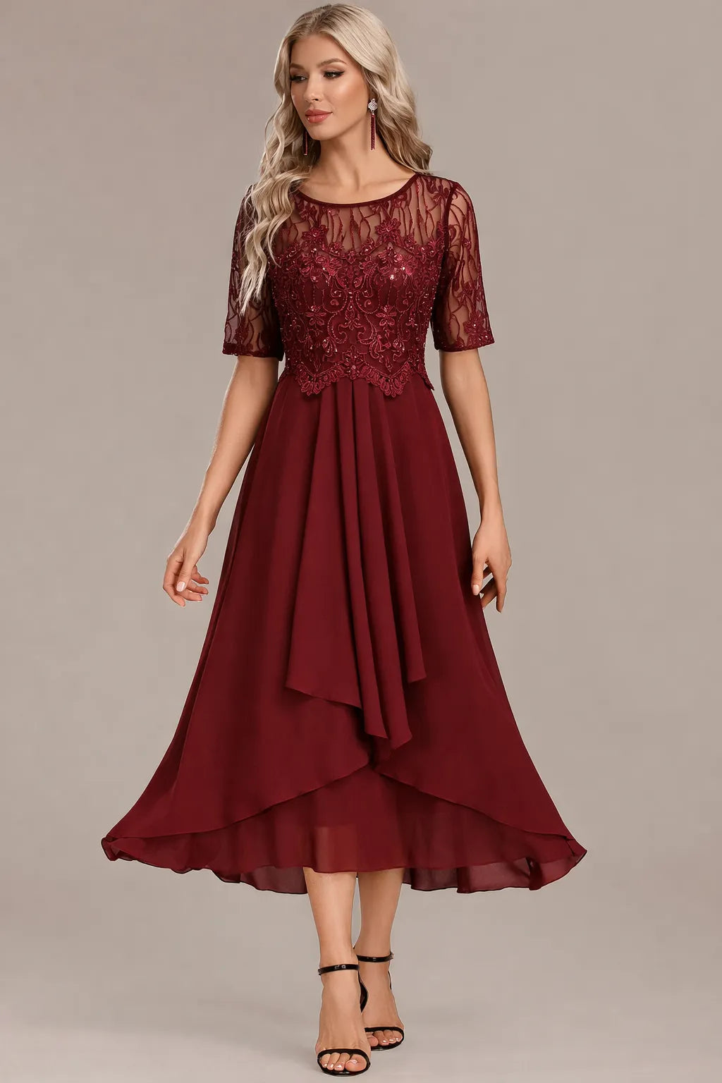 Women's Formal Sequin Midi Wedding Guest Dress with Short Sleeve