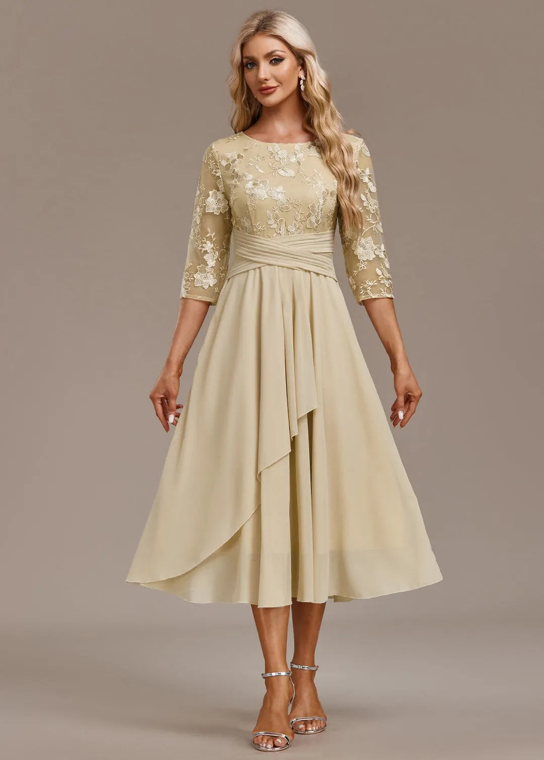 Women's Formal Sequin Midi Wedding Guest Dress with Short Sleeve