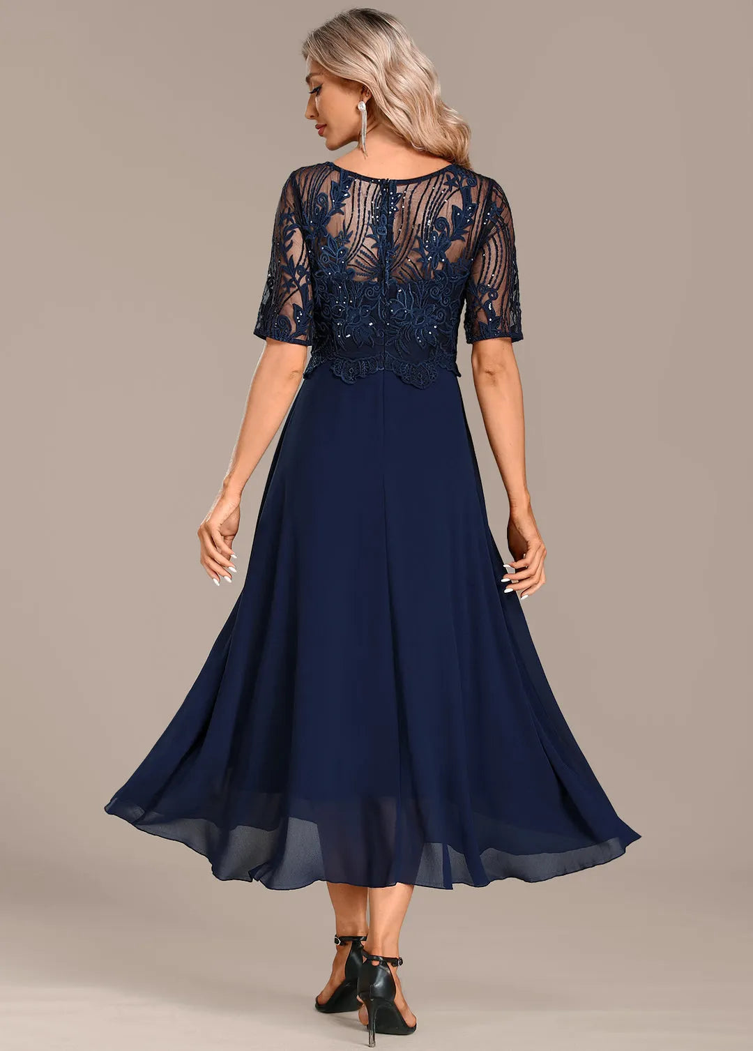 Women's Formal Sequin Midi Wedding Guest Dress with Short Sleeve