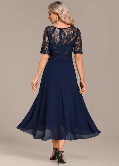 Women's Formal Sequin Midi Wedding Guest Dress with Short Sleeve