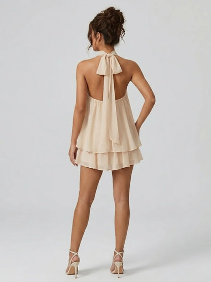 Women's Formal Ruffle Mini Cocktail Dress with Halter Neck