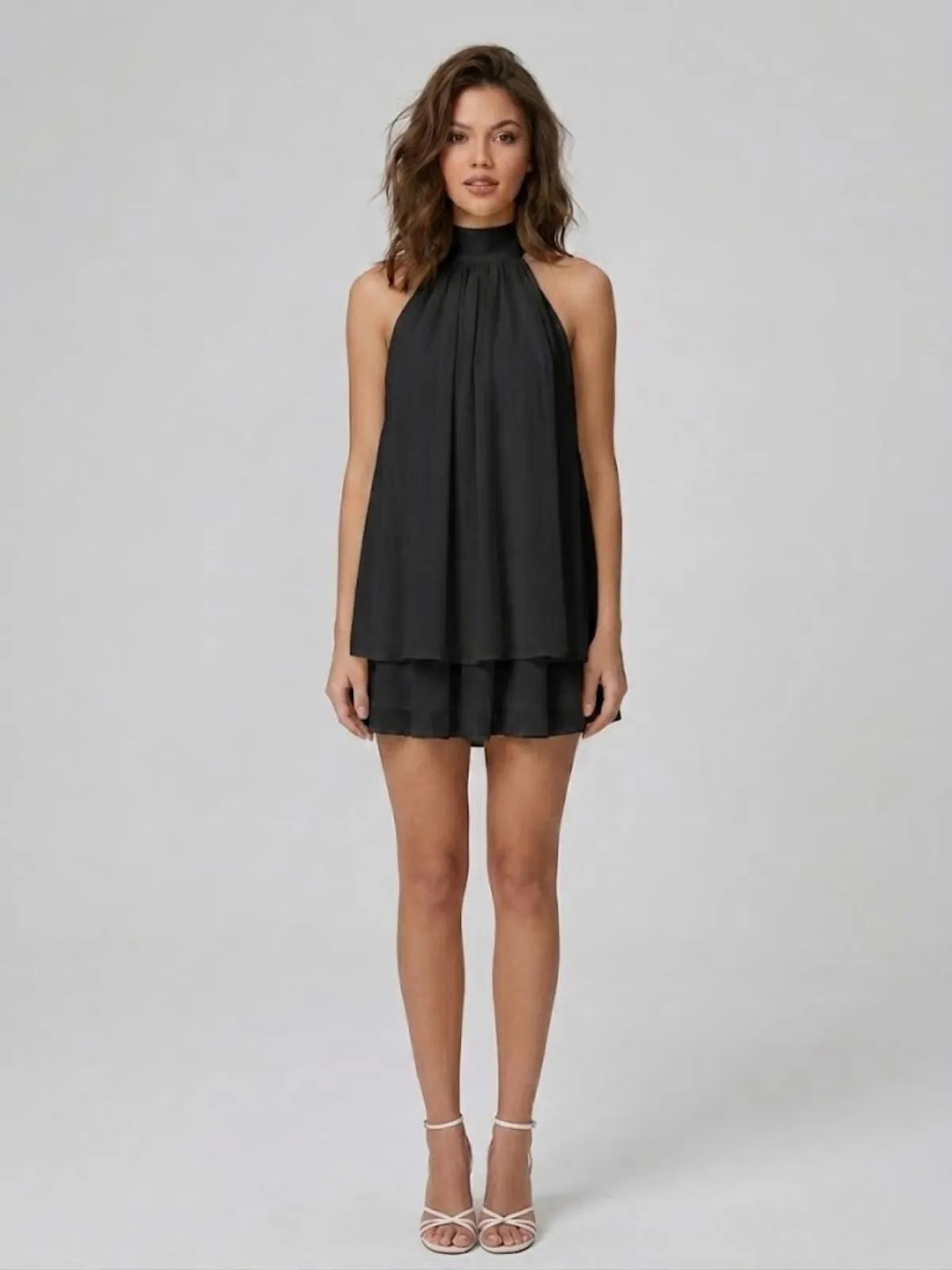 Women's Formal Ruffle Mini Cocktail Dress with Halter Neck
