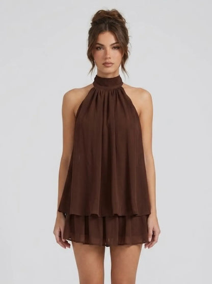 Women's Formal Ruffle Mini Cocktail Dress with Halter Neck