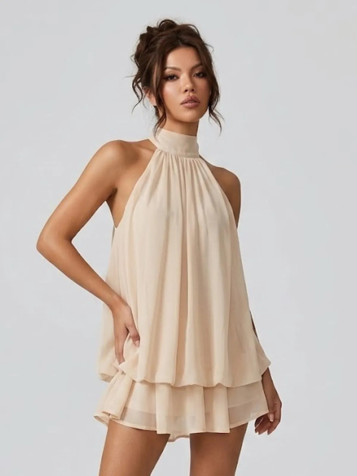 Women's Formal Ruffle Mini Cocktail Dress with Halter Neck