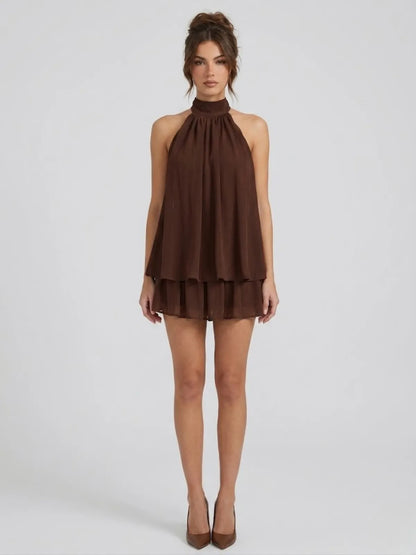 Women's Formal Ruffle Mini Cocktail Dress with Halter Neck