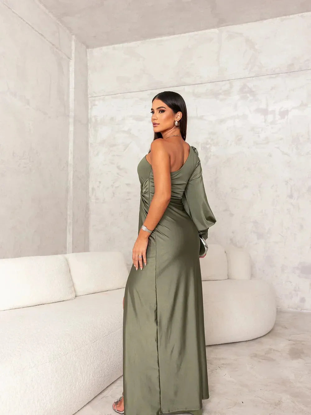 Women's Formal One Shoulder Maxi Wedding Guest Dress with Slit