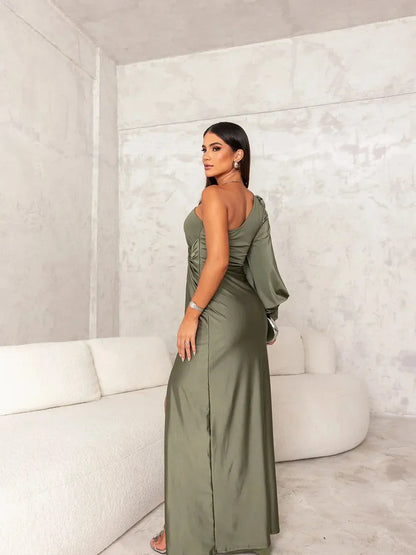 Women's Formal One Shoulder Maxi Wedding Guest Dress with Slit