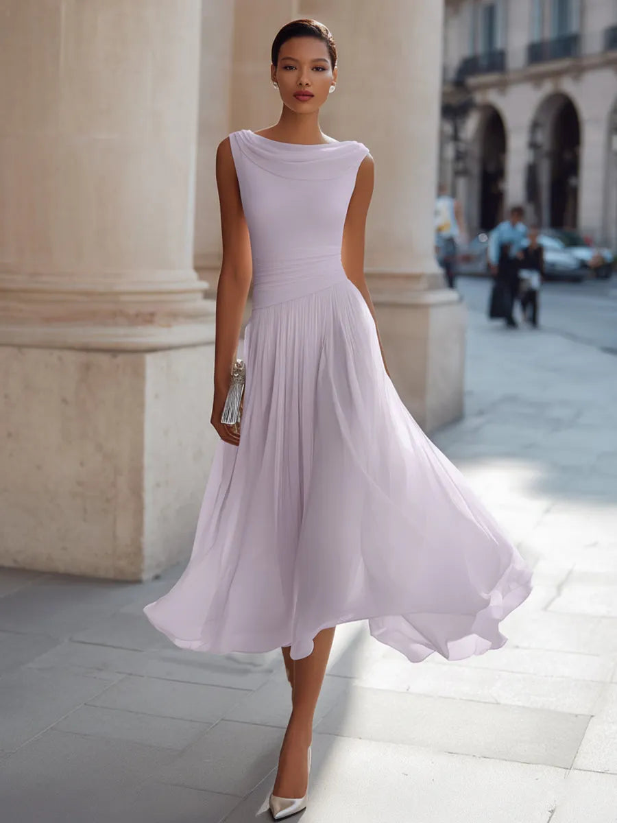 Women's Formal Pleated Midi Wedding Guest Dress with Cowl Neck
