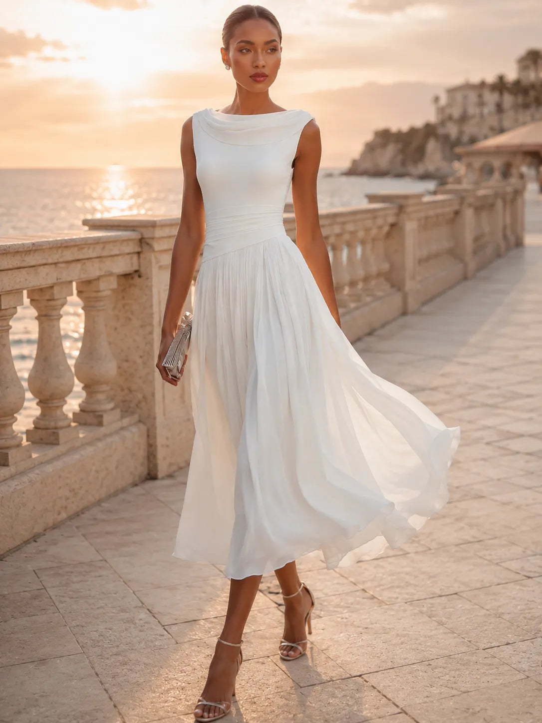 Women's Formal Pleated Midi Wedding Guest Dress with Cowl Neck