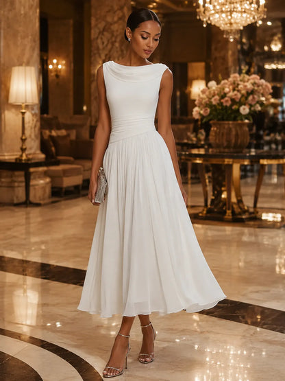 Women's Formal Pleated Midi Wedding Guest Dress with Cowl Neck