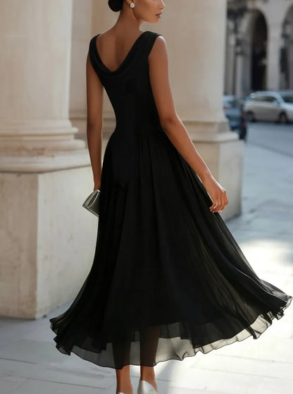 Women's Formal Pleated Midi Wedding Guest Dress with Cowl Neck