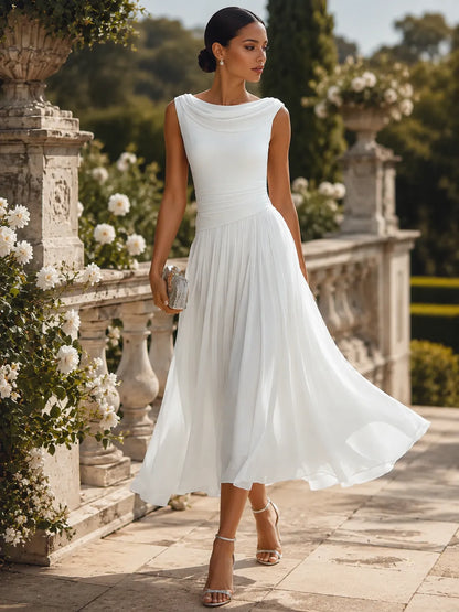 Women's Formal Pleated Midi Wedding Guest Dress with Cowl Neck