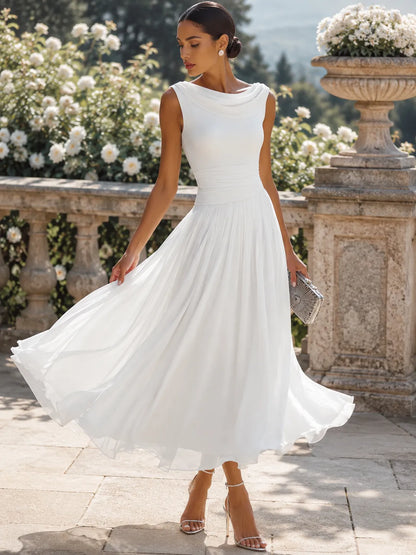 Women's Formal Pleated Midi Wedding Guest Dress with Cowl Neck