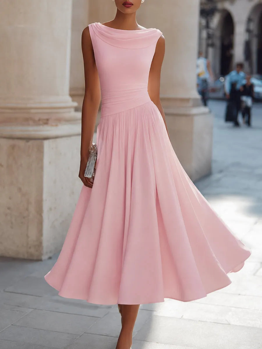 Women's Formal Pleated Midi Wedding Guest Dress with Cowl Neck
