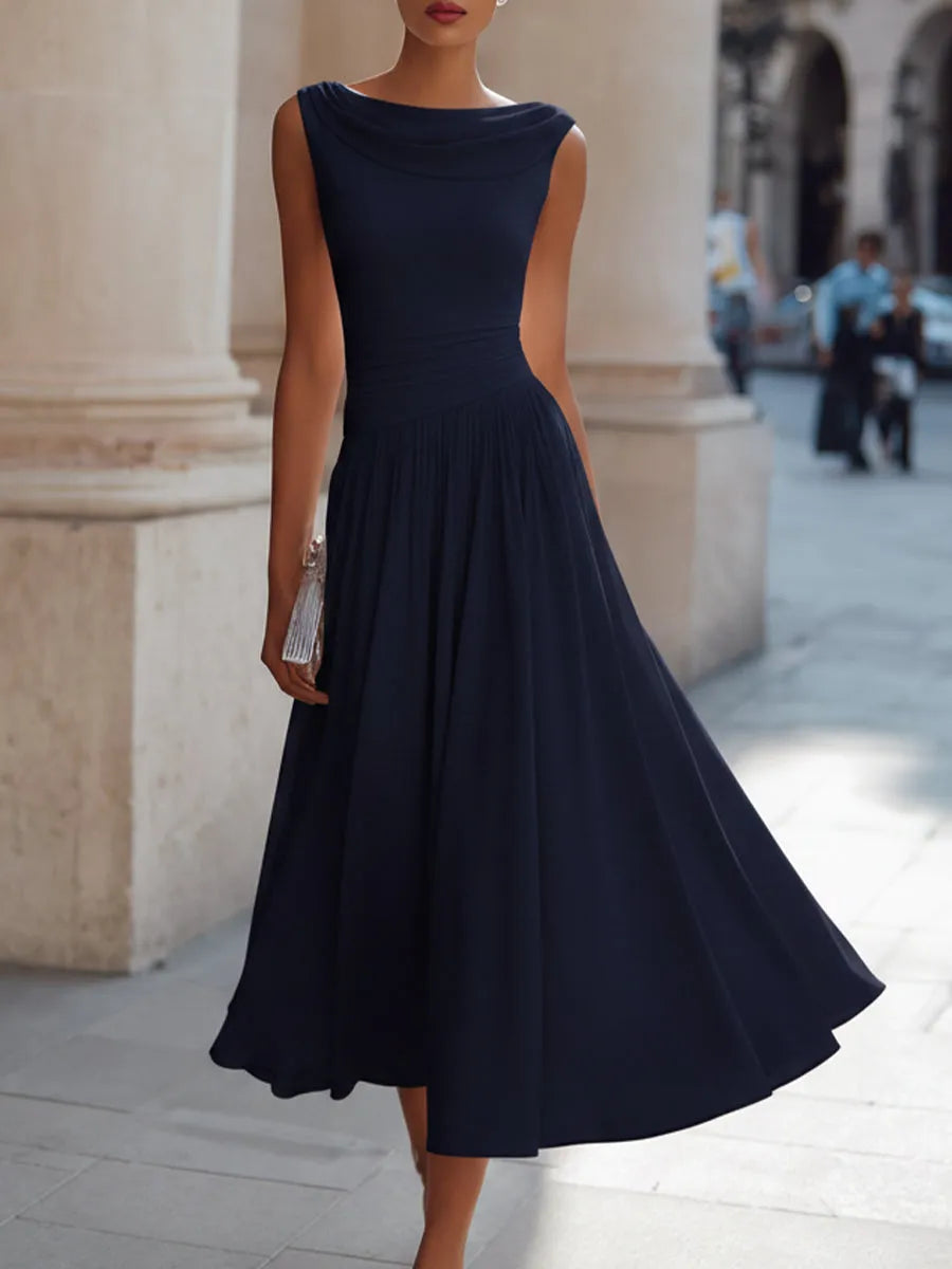 Women's Formal Pleated Midi Wedding Guest Dress with Cowl Neck