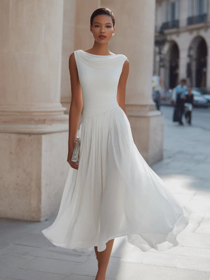 Women's Formal Pleated Midi Wedding Guest Dress with Cowl Neck