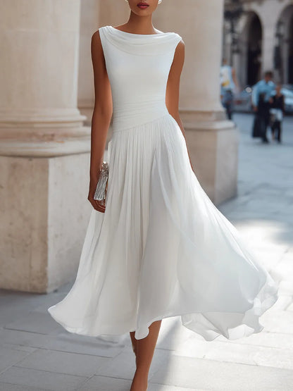Women's Formal Pleated Midi Wedding Guest Dress with Cowl Neck