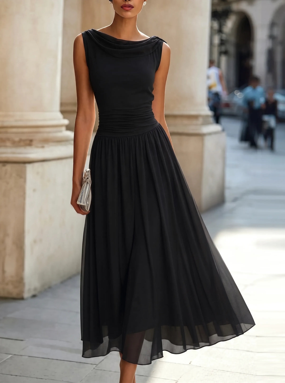 Women's Formal Pleated Midi Wedding Guest Dress with Cowl Neck