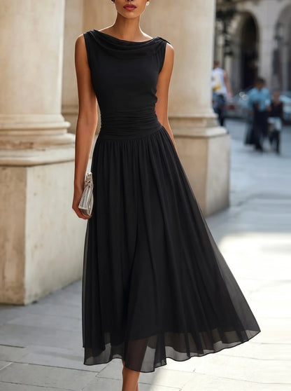 Women's Formal Pleated Midi Wedding Guest Dress with Cowl Neck