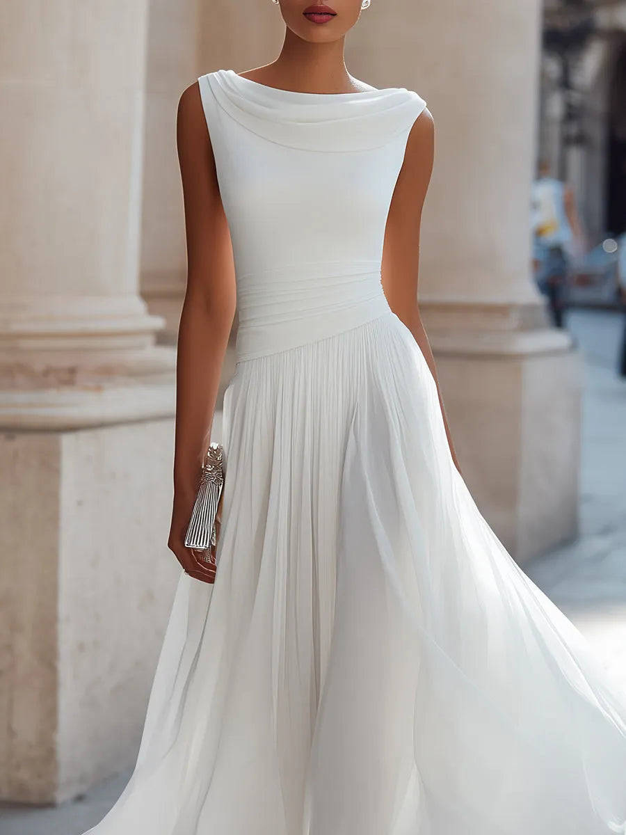 Women's Formal Pleated Midi Wedding Guest Dress with Cowl Neck