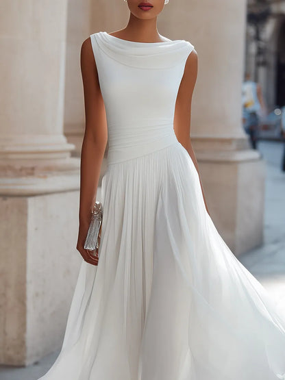 Women's Formal Pleated Midi Wedding Guest Dress with Cowl Neck