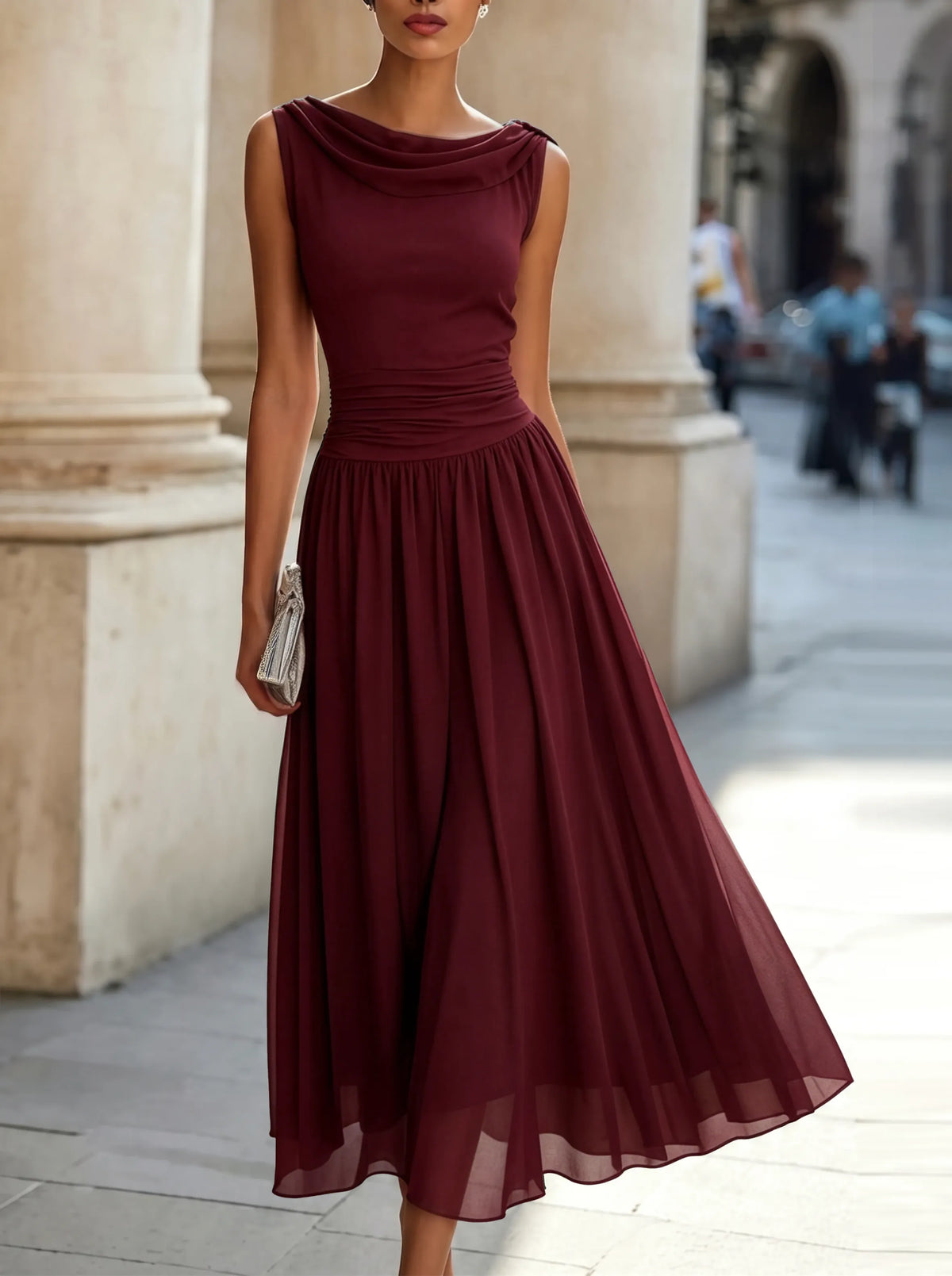 Women's Formal Pleated Midi Wedding Guest Dress with Cowl Neck
