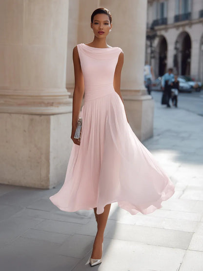 Women's Formal Pleated Midi Wedding Guest Dress with Cowl Neck